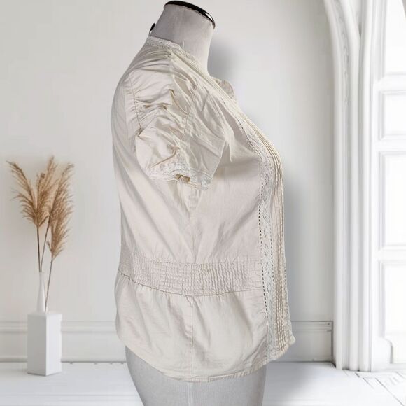 Naf Naf Ivory Cotton Top Size L Pintucks Crochet Lace Trim - Picture 4 of 14